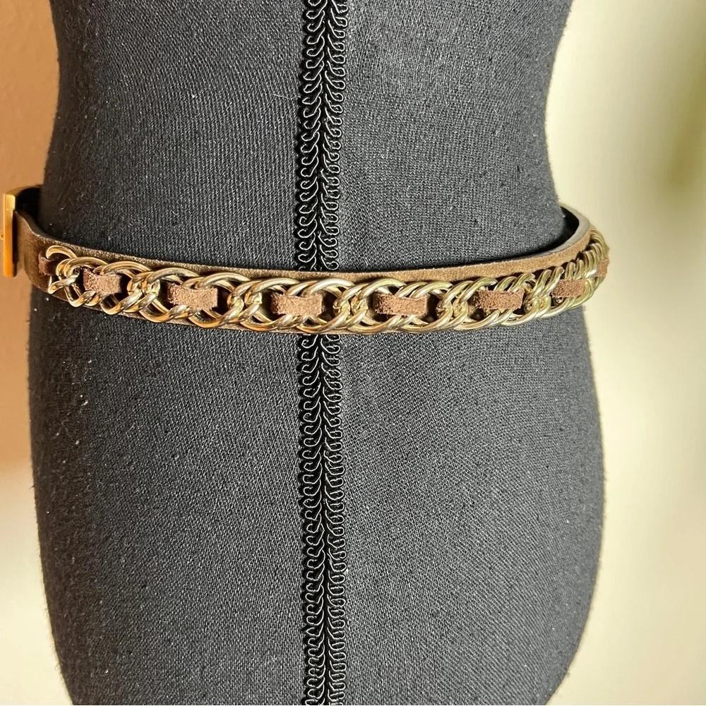 Women’s Dark Brown Suede Gold Chain Link Belt with Gold Tone Buckle Med/Large